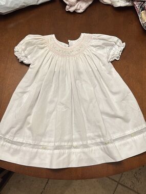 Petit Ami White Smocked Dress with Pink & Green Floral Detail